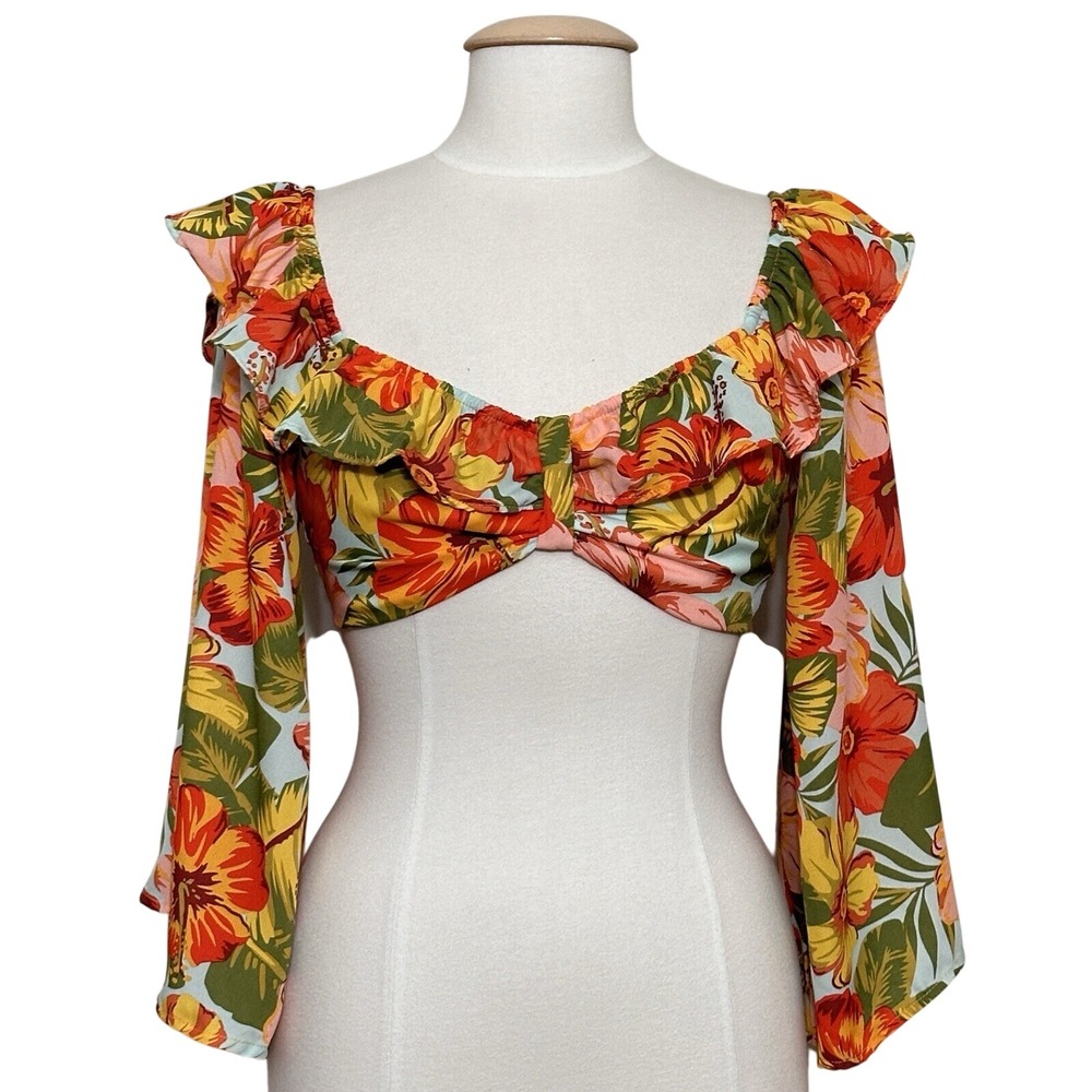 Tropical Floral Cropped Top M Colorful Hawaiian Luau Retro Festival Vacation